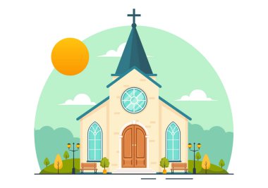 Katedral Katolik Kilisesi Mimari, Ortaçağ ve Modern Kiliselerin Düz Çizgi Film Arkaplanındaki İç Tasarımı ile Vektör İllüzyonu