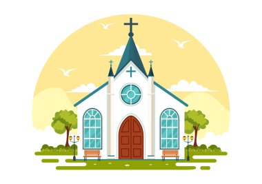 Katedral Katolik Kilisesi Mimari, Ortaçağ ve Modern Kiliselerin Düz Çizgi Film Arkaplanındaki İç Tasarımı ile Vektör İllüzyonu