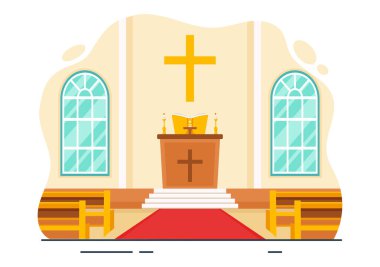Katedral Katolik Kilisesi Mimari, Ortaçağ ve Modern Kiliselerin Düz Çizgi Film Arkaplanındaki İç Tasarımı ile Vektör İllüzyonu