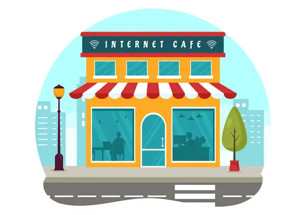 Internet Cafe Vector Illustration Med Byggnad För Ungdomar Som Spelar — Stock vektor