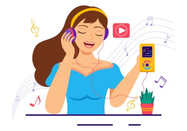 Mobil Arkaplan Uygulamasında Müzik Kulaklığı, Kulaklık, Müzik Kulaklığı ve Müzik Dinleme Aygıtlarıyla MP3 Oyuncu Vektör İlülasyonu