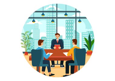 Belediye Meclisi Etkili İş Ekibi, Çalışanları ve Düz Çizgi Film Arkaplanındaki Önemli Müzakereler İçin Beyin Fırtınası İle Vektör Resimleri Buluştu