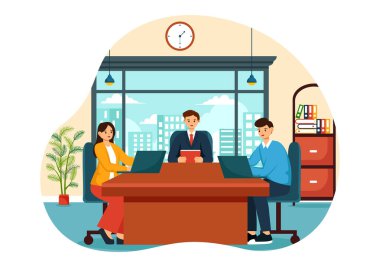 Belediye Meclisi Etkili İş Ekibi, Çalışanları ve Düz Çizgi Film Arkaplanındaki Önemli Müzakereler İçin Beyin Fırtınası İle Vektör Resimleri Buluştu