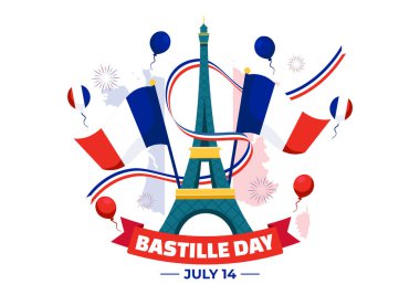 Fransız Bayrağı, Kurdele ve Eyfel Kulesi ile 14 Temmuz 'da Ulusal Tatil Düz Arkaplan Çizgisi' nde Bastille Günü Vektör İlüstrasyonunuz kutlu olsun.