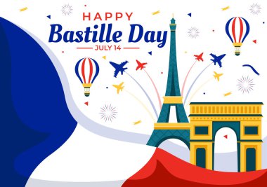 Fransız Bayrağı, Kurdele ve Eyfel Kulesi ile 14 Temmuz 'da Ulusal Tatil Düz Arkaplan Çizgisi' nde Bastille Günü Vektör İlüstrasyonunuz kutlu olsun.