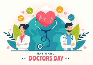 Doktor, steteskop ve Düz Çizgi Film Geçmişine Bağlılık ve Katkıda Bulunma İçin Tıbbi Ekipmanlarla Ulusal Doktorlar Günü Vektör İlülasyonu