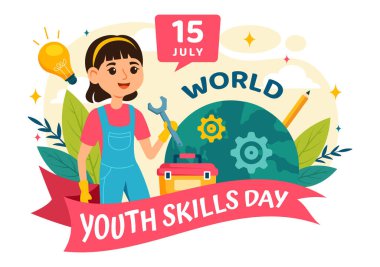 Düz Çocuk Çizgi Filmi Tasarımı 'nda İş ve Girişimcilik Yetenekleri Olan İnsanların Dünya Gençlik Yetenekleri Günü Vektör İlülasyonu
