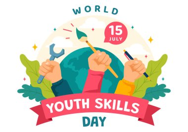 Düz Çocuk Çizgi Filmi Tasarımı 'nda İş ve Girişimcilik Yetenekleri Olan İnsanların Dünya Gençlik Yetenekleri Günü Vektör İlülasyonu