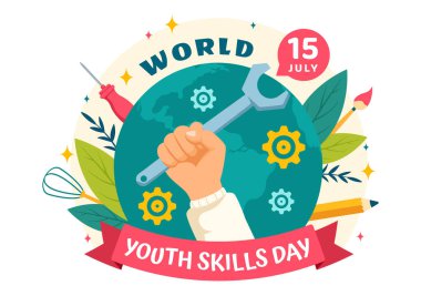 Düz Çocuk Çizgi Filmi Tasarımı 'nda İş ve Girişimcilik Yetenekleri Olan İnsanların Dünya Gençlik Yetenekleri Günü Vektör İlülasyonu