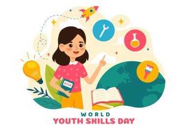 Düz Çocuk Çizgi Filmi Tasarımı 'nda İş ve Girişimcilik Yetenekleri Olan İnsanların Dünya Gençlik Yetenekleri Günü Vektör İlülasyonu