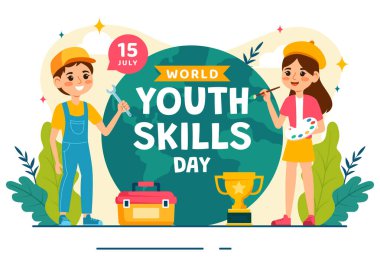 Düz Çocuk Çizgi Filmi Tasarımı 'nda İş ve Girişimcilik Yetenekleri Olan İnsanların Dünya Gençlik Yetenekleri Günü Vektör İlülasyonu