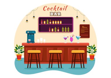 Cocktail Bar ya da Arkadaşların Alkolik Meyve Suyu İçkileriyle Takılmasının Gece Kulübü Vektörü İllüstrasyonu