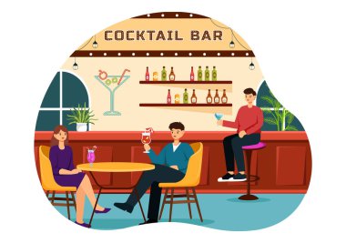 Cocktail Bar ya da Arkadaşların Alkolik Meyve Suyu İçkileriyle Takılmasının Gece Kulübü Vektörü İllüstrasyonu