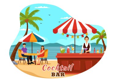 Cocktail Bar ya da Arkadaşların Alkolik Meyve Suyu İçkileriyle Takılmasının Gece Kulübü Vektörü İllüstrasyonu