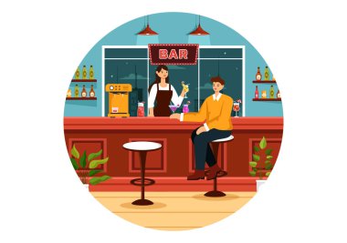 Cocktail Bar ya da Arkadaşların Alkolik Meyve Suyu İçkileriyle Takılmasının Gece Kulübü Vektörü İllüstrasyonu