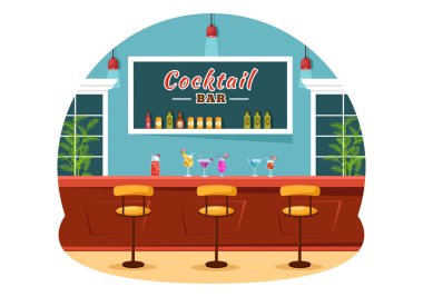 Cocktail Bar ya da Arkadaşların Alkolik Meyve Suyu İçkileriyle Takılmasının Gece Kulübü Vektörü İllüstrasyonu