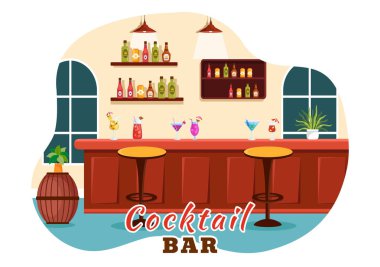 Cocktail Bar ya da Arkadaşların Alkolik Meyve Suyu İçkileriyle Takılmasının Gece Kulübü Vektörü İllüstrasyonu