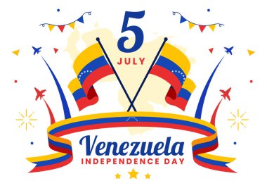Mutlu Venezuela Bağımsızlık Günü Vektör İllüstrasyonları 5 Temmuz 'da Bayrak, Balon ve Konfeti ile Bayram Düz Çizgi Film Arkaplanında
