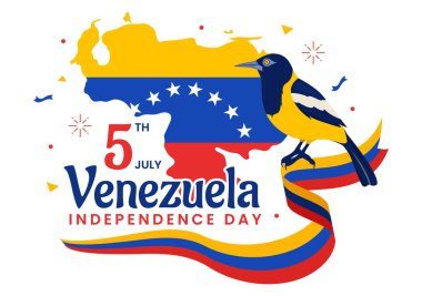 Mutlu Venezuela Bağımsızlık Günü Vektör İllüstrasyonları 5 Temmuz 'da Bayrak, Balon ve Konfeti ile Bayram Düz Çizgi Film Arkaplanında