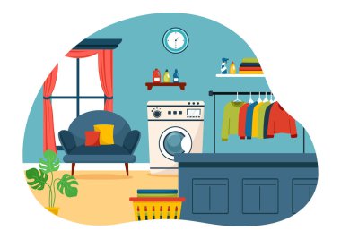 Düz Çizgi Film Tasarımı Temizlik Giysileri için Çamaşır, Kurutma Makineleri, Kurutma ve Kuru Temizleme Servisi Vektör İlülasyonu
