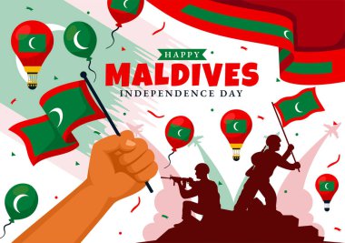 Maldivler Bağımsızlık Günü Vektör İllüstrasyonunuz kutlu olsun. 26 Temmuz 'da Maldivya Dalgalı Bayrağı ve Kurdelesi Düztabanlı Çizgi Film Tasarımı