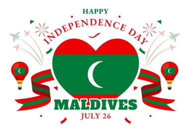 Maldivler Bağımsızlık Günü Vektör İllüstrasyonunuz kutlu olsun. 26 Temmuz 'da Maldivya Dalgalı Bayrağı ve Kurdelesi Düztabanlı Çizgi Film Tasarımı