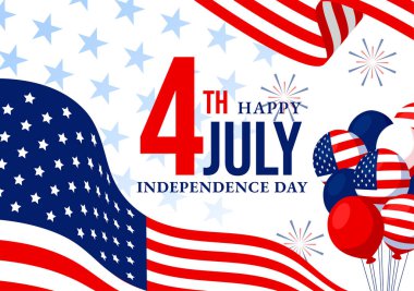 4 Temmuz Mutlu Bağımsızlık Günü ABD Vektör İllüzyonu Ulusal Bayram Karikatür Tasarımı 'nda Amerikan Bayrağı ve Balonlarıyla