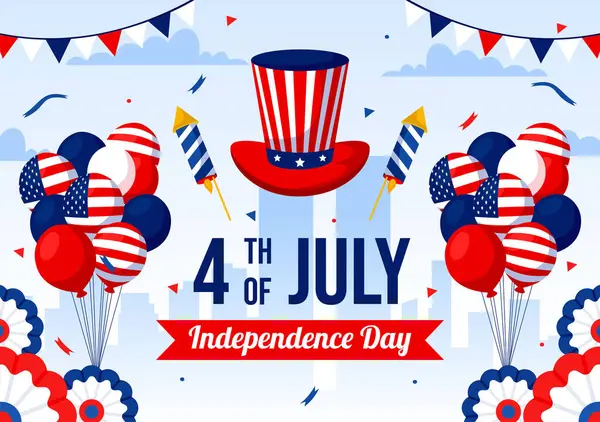 4 Temmuz Mutlu Bağımsızlık Günü ABD Vektör İllüzyonu Ulusal Bayram Karikatür Tasarımı 'nda Amerikan Bayrağı ve Balonlarıyla