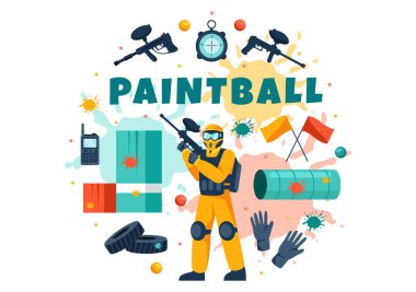 İnsanlar Paintball Vector Illustration of Fighter Player Gun Shoot, Aim, Attack in Field Scene in Düz Çizgi Film Arkaplanında