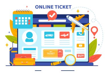 Düz Çizgi Film Tasarımı için Online Seyahat Bilet Vektörü Resimleri Taşımacılık ve Seyahat Sağlayıcı Uygulaması