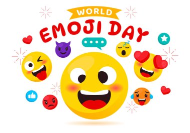 Dünya Emoji Günü Etkinlikler ve Ürünlerle Kutlama Vektörü İllüzyonu Farklı Yüz İfadesi Şirin Çizgi Film Arkaplanı