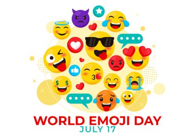 Dünya Emoji Günü Etkinlikler ve Ürünlerle Kutlama Vektörü İllüzyonu Farklı Yüz İfadesi Şirin Çizgi Film Arkaplanı