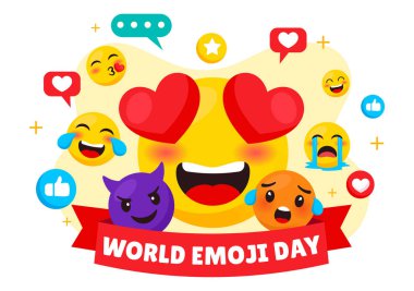 Dünya Emoji Günü Etkinlikler ve Ürünlerle Kutlama Vektörü İllüzyonu Farklı Yüz İfadesi Şirin Çizgi Film Arkaplanı