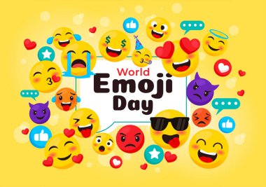 Dünya Emoji Günü Etkinlikler ve Ürünlerle Kutlama Vektörü İllüzyonu Farklı Yüz İfadesi Şirin Çizgi Film Arkaplanı