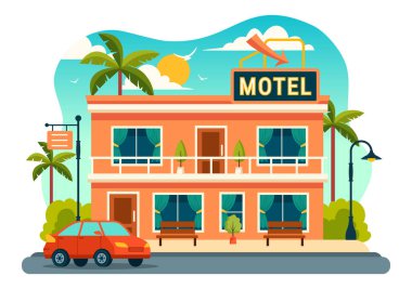 Yeşil çimenler, sahil ve gezinti caddesi ve Düz Çizgi Film Arkaplan 'daki palmiye ağaçları üzerine inşa edilmiş İçi ve dışının Vector Illustration Oteli