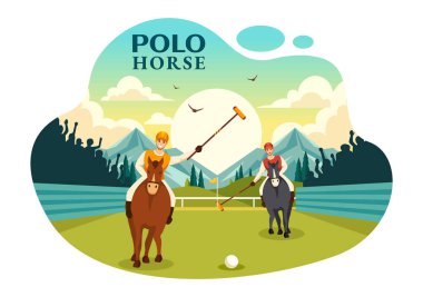 Düz Çizgi Film Arkaplanda Yarışmaya Ata Binen ve Tutucu Çubuğu ile Polo At Sporu Vektör İllüstrasyonu