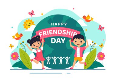 Genç Erkekler ve Kızlarla Mutlu Dostluk Günü Resimleri ya da Düz Sevimli Çizgi Film Arkaplanı