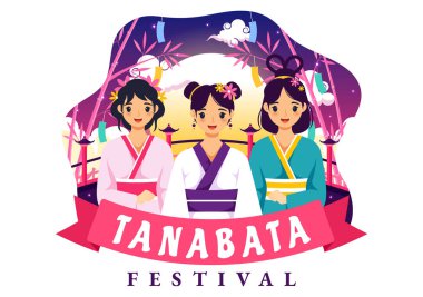 Ulusal Tatil Düz Sevimli Çizgi Film Arkaplanında Kimono ve Şakayık Çiçekleri Giyen İnsanlar Tanabata Japonya Festivali Vektör İlülasyonu