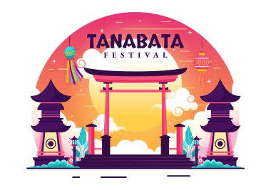 Tanabata Japan Festival Vector Illustration with People Wearing Kimono and Peonies Flowers in National Holiday Flat Cute Cartoon Background clipart