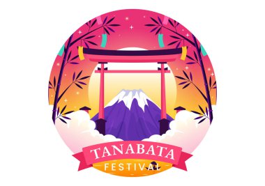 Ulusal Tatil Düz Sevimli Çizgi Film Arkaplanında Kimono ve Şakayık Çiçekleri Giyen İnsanlar Tanabata Japonya Festivali Vektör İlülasyonu