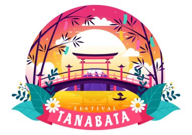 Ulusal Tatil Düz Sevimli Çizgi Film Arkaplanında Kimono ve Şakayık Çiçekleri Giyen İnsanlar Tanabata Japonya Festivali Vektör İlülasyonu