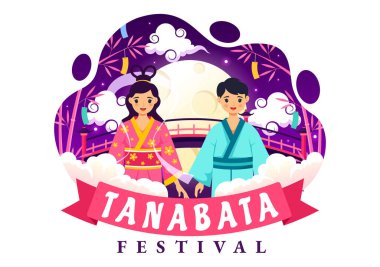 Ulusal Tatil Düz Sevimli Çizgi Film Arkaplanında Kimono ve Şakayık Çiçekleri Giyen İnsanlar Tanabata Japonya Festivali Vektör İlülasyonu