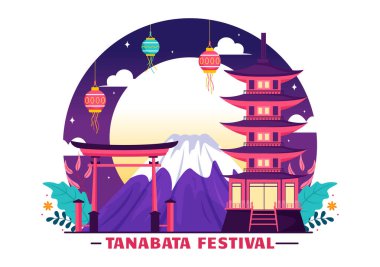 Ulusal Tatil Düz Sevimli Çizgi Film Arkaplanında Kimono ve Şakayık Çiçekleri Giyen İnsanlar Tanabata Japonya Festivali Vektör İlülasyonu