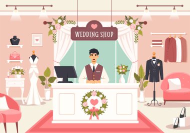 Düğün Dükkanı Vector Illustration with Lover Looking for Jewellery, Beautiful Bride Gowns and Accessories to Get Married in Flat Cartoon Background