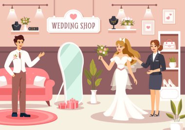 Düğün Dükkanı Vector Illustration with Lover Looking for Jewellery, Beautiful Bride Gowns and Accessories to Get Married in Flat Cartoon Background