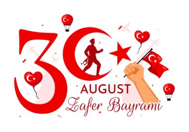 Zafer Bayrami Vektör İllüstrasyonu. Çeviri: 30 Ağustos Zafer Kutlaması ve Türkiye 'de Ulusal Gün. Düz Arkaplanda Sallanan Bayrak