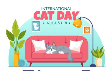 Uluslararası Kedi Günü Vektör İllüstrasyonu 8 Ağustos 'ta Cats Animals Love Celebration in Düz Çizgi Film Arkaplan Tasarımı