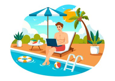Serbest Çalışanlar Yüzme Havuzu Vektör Resimlerinde İçme Kokteylleri ve Düz Çizgi Film Biçimi Dizüstü Bilgisayarlar Kullanılıyor