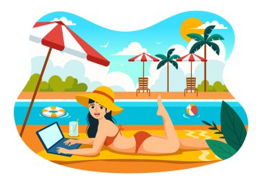 Serbest Çalışanlar Yüzme Havuzu Vektör Resimlerinde İçme Kokteylleri ve Düz Çizgi Film Biçimi Dizüstü Bilgisayarlar Kullanılıyor