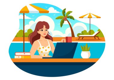Serbest Çalışanlar Yüzme Havuzu Vektör Resimlerinde İçme Kokteylleri ve Düz Çizgi Film Biçimi Dizüstü Bilgisayarlar Kullanılıyor